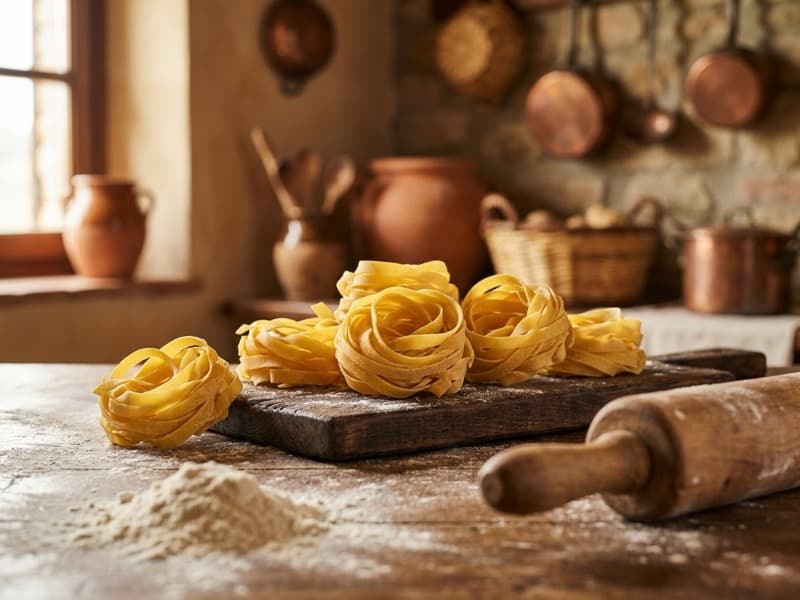 Fresh handmade pasta on a wooden board